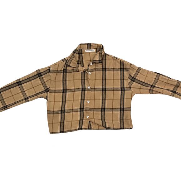 Girls SHEIN Cropped Plaid Button-Up Flannel Shirt Tan/Black – Size 11-12Y - Picture 2 of 4